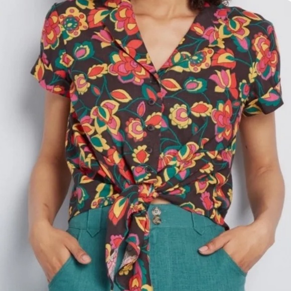 Modcloth Retro Floral Crop Linen Blend Top Size Medium - Picture 1 of 9